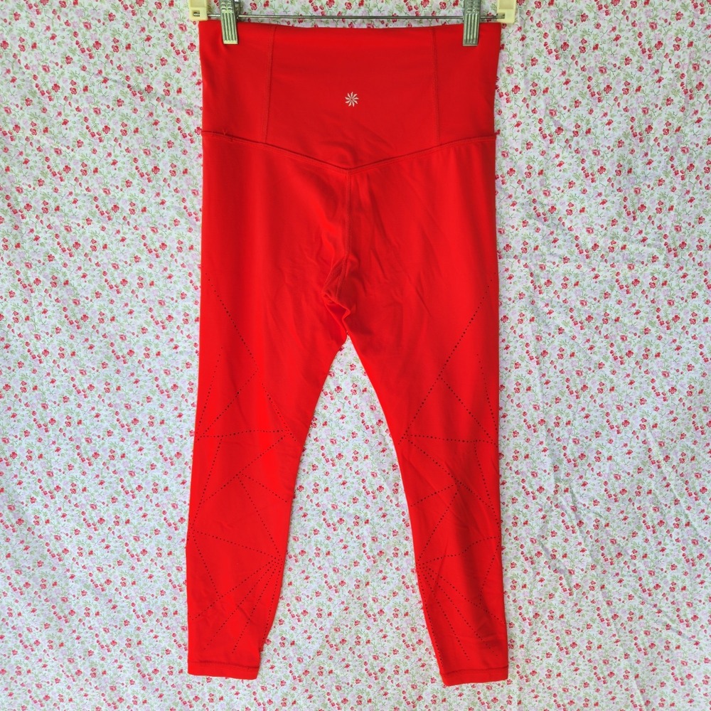 Athleta Laser Cut Mesh Leggings Small Red High Waisted Athleisure Gym Crop Tight